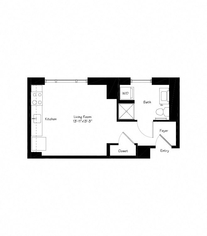Floor plan for studio, 1 bath, 409 sqft